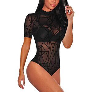𝅺SHEER Mesh Turtleneck See Through Leotard Bodysuit Body Top Stretchy Sexy NWT